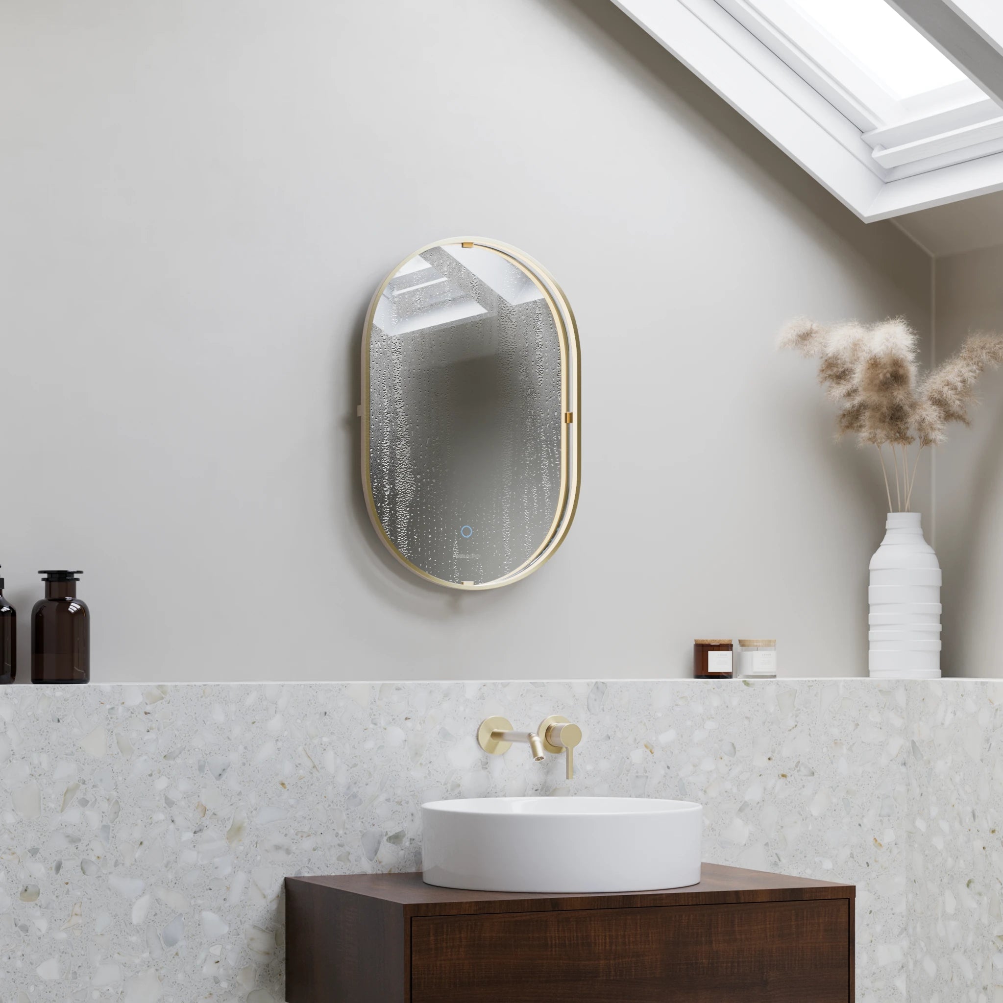 Luna Pill-Shaped LED Bathroom Mirror #colour_brass